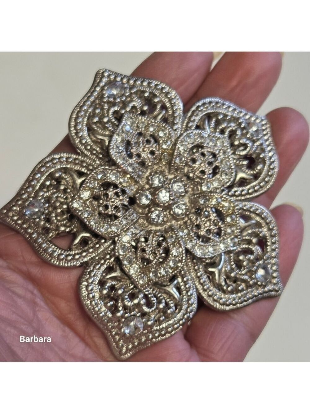 Vintage Silver-tone Filligree Crystal Flower Buckle